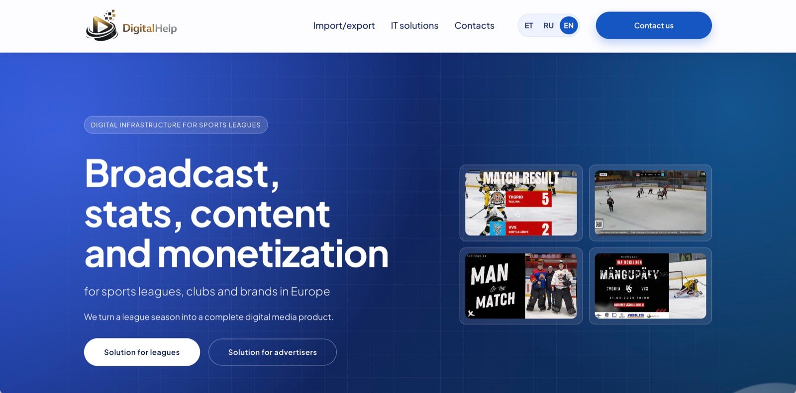 Sports league platform website interface